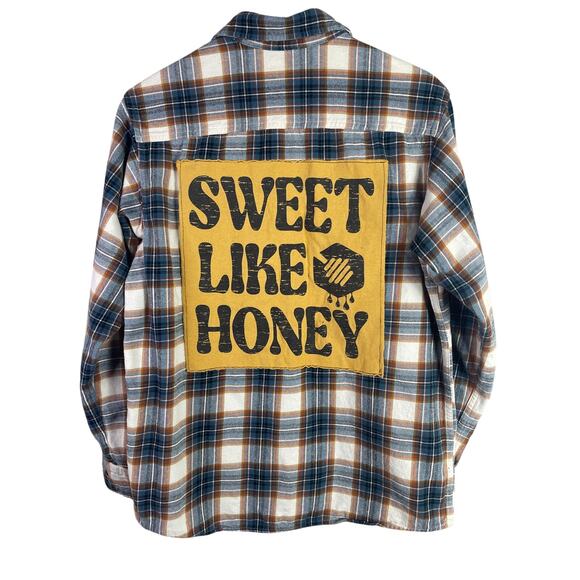 Upcycled Flannel SWEET LIKE HONEY bee Plaid Blue Medium - Picture 1 of 6